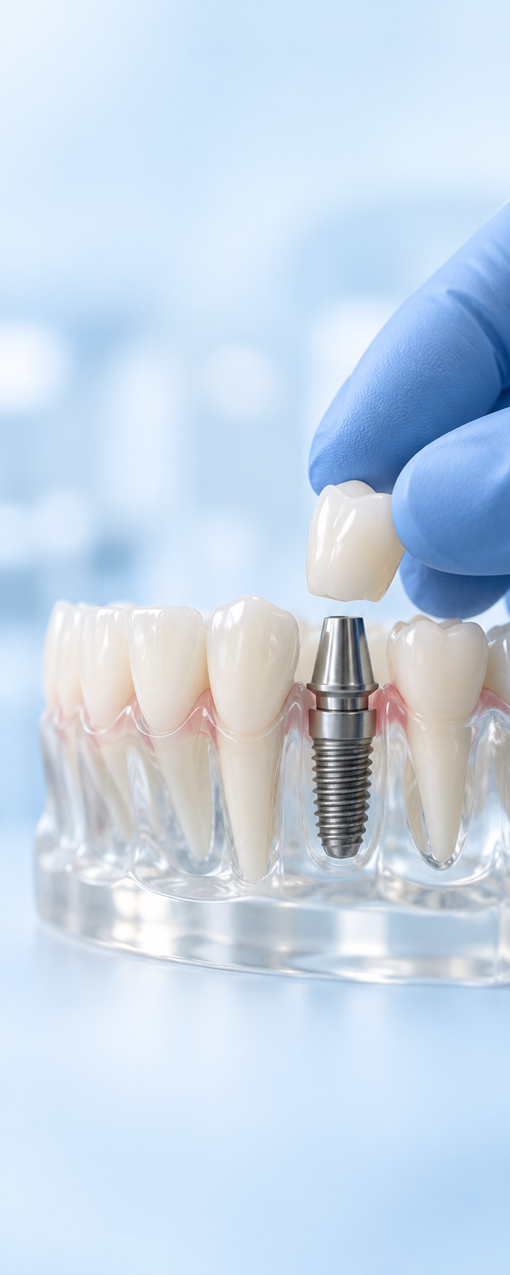 Modello di impianto dentale inserito in una mascella artificiale