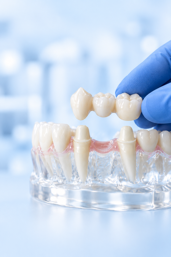 Corone e ponti dentali appoggiati su un modello di mascella