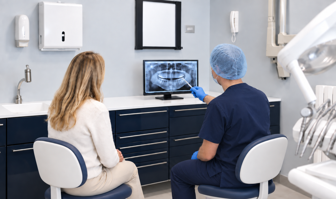 Scheda clinica e appunti su un tavolo di uno studio dentistico